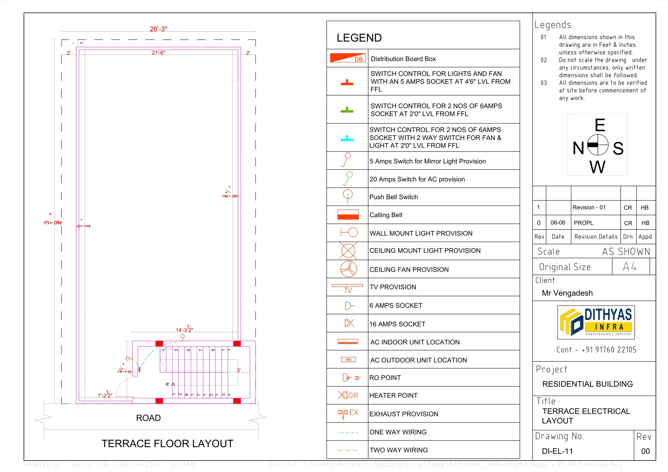 Architectural terrace floor layout plan of a modern residential house showing open terrace area, staircase access, utility space, and rooftop design details.
