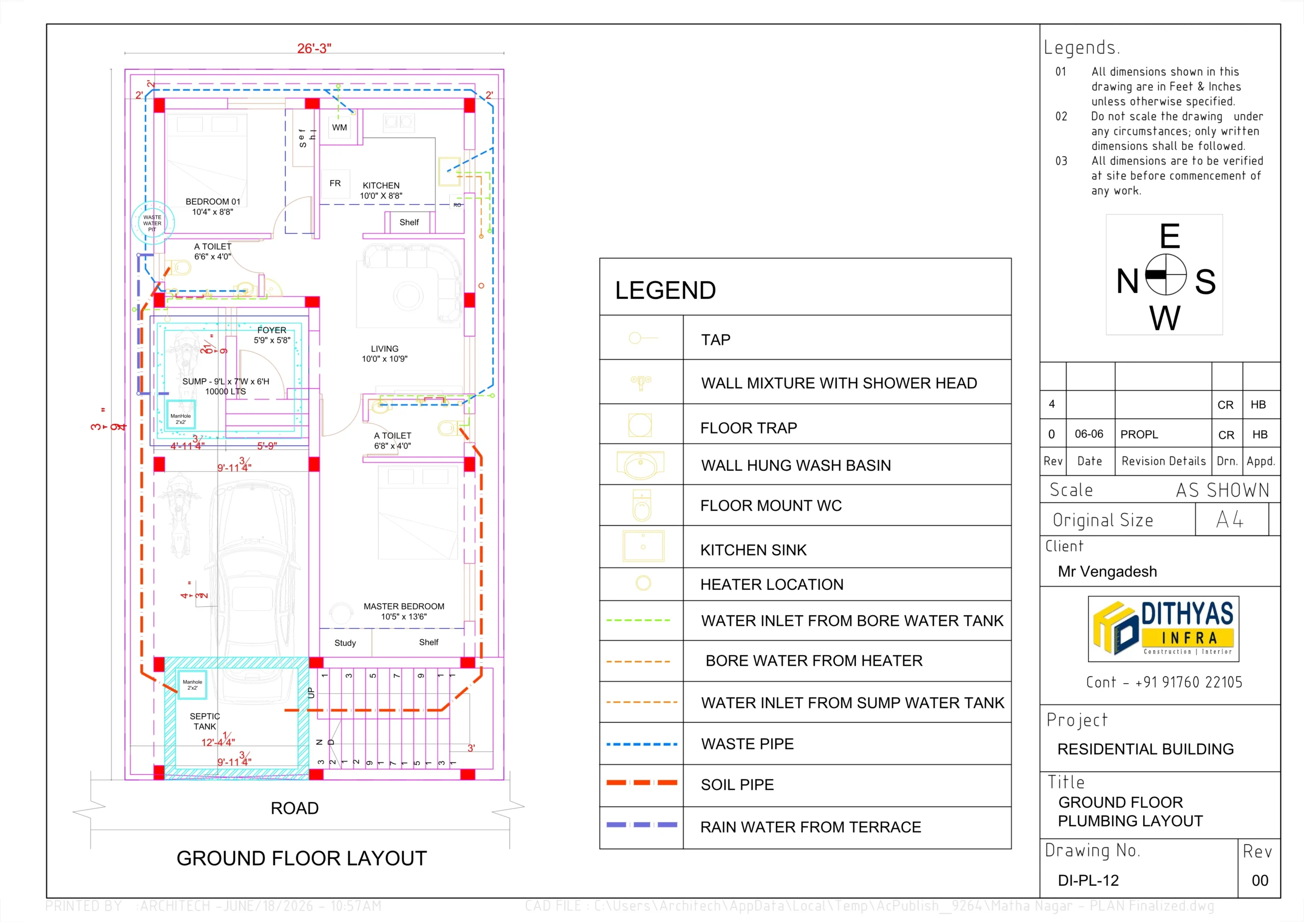 Architectural ground floor layout plan of a modern residential house showing living room, kitchen, bedrooms, staircase, and functional space distribution.