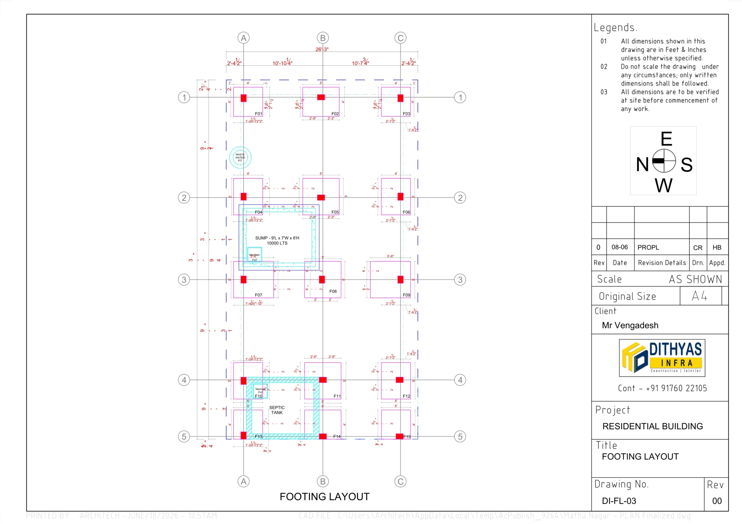 Structural footing layout drawing for a residential house showing foundation footings, column positions, and construction dimensions.