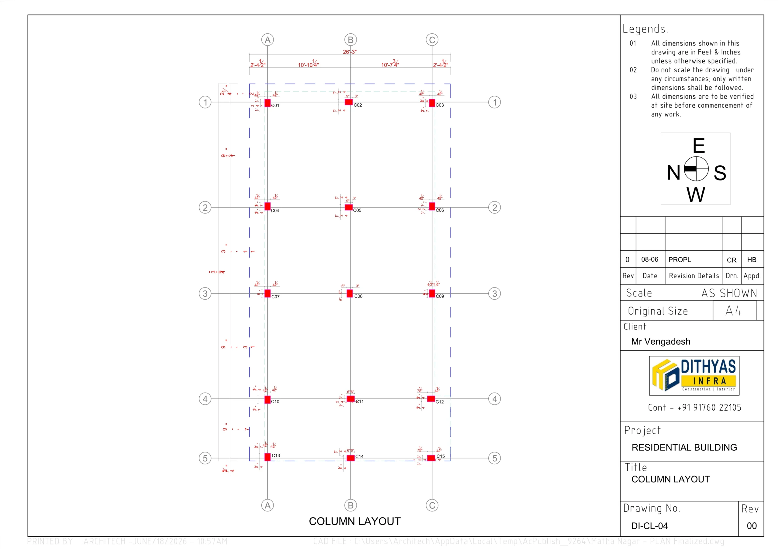 Structural column layout drawing for a residential house showing column positions, grid alignment, and foundation support details.