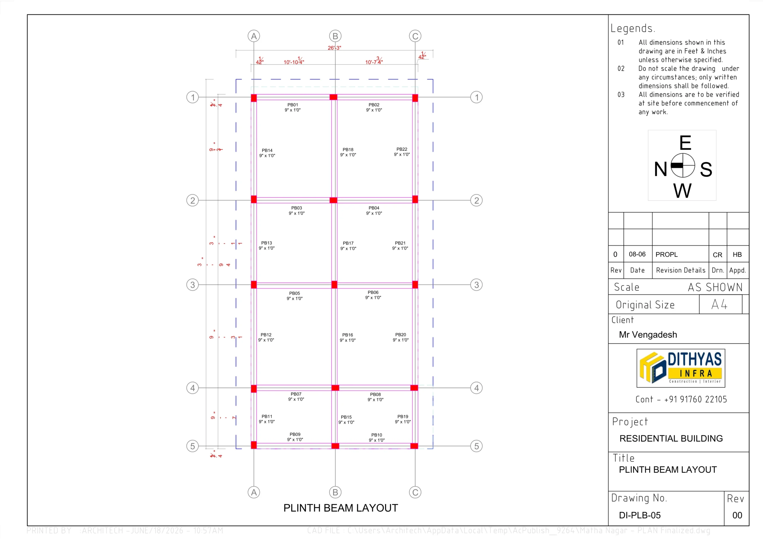 Structural plinth beam layout drawing for a residential house showing beam connections, column alignment, and foundation-level support details.