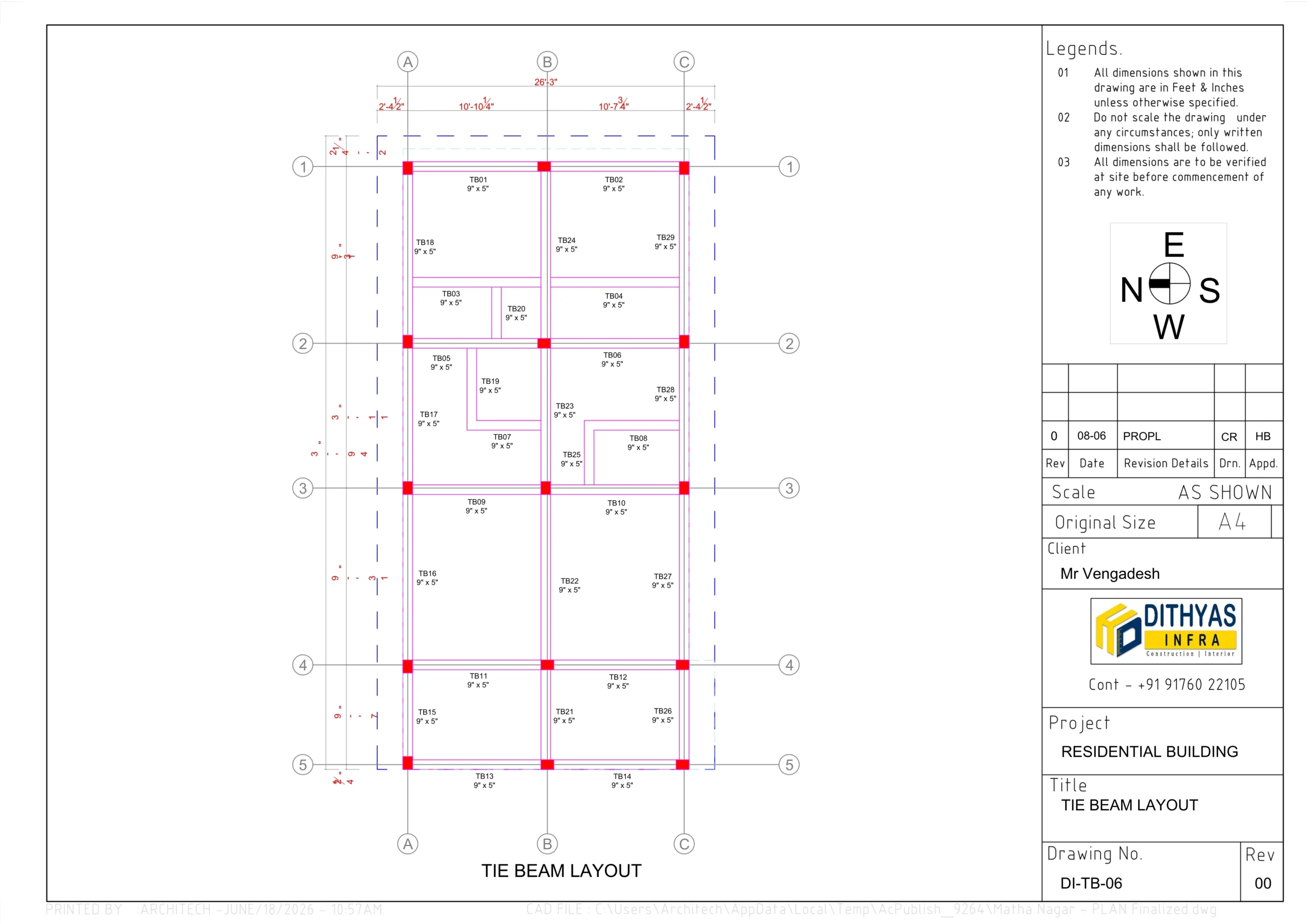 Structural tie beam layout drawing for a residential house showing beam connections between columns, load distribution, and foundation reinforcement details.