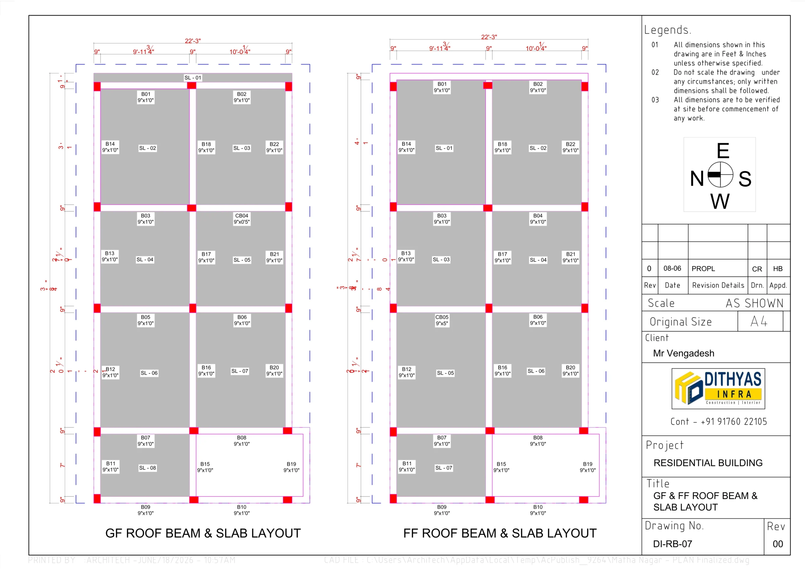 Structural roof beam and slab layout drawing for a residential house showing beam arrangement, slab dimensions, column connections, and roof construction details.