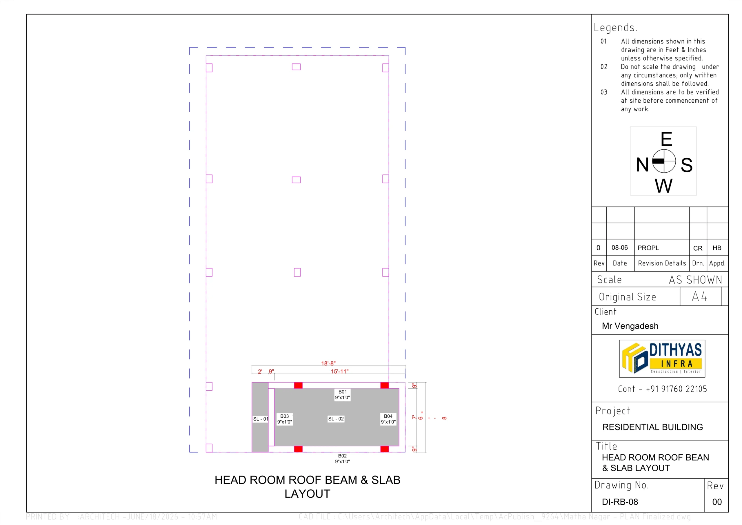 Structural head room roof beam and slab layout drawing showing beam placement, slab arrangement, column connections, and rooftop head room construction details.