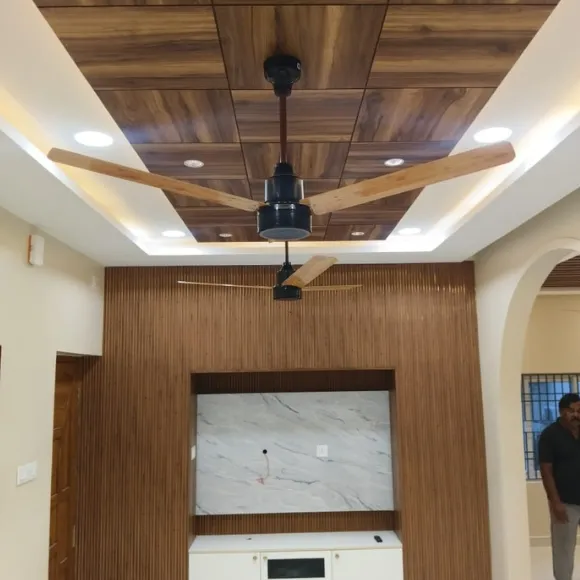 Modern TV unit with wooden finish and built-in storage