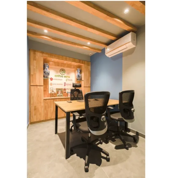 Contemporary office interior with elegant furniture and ambient lighting
