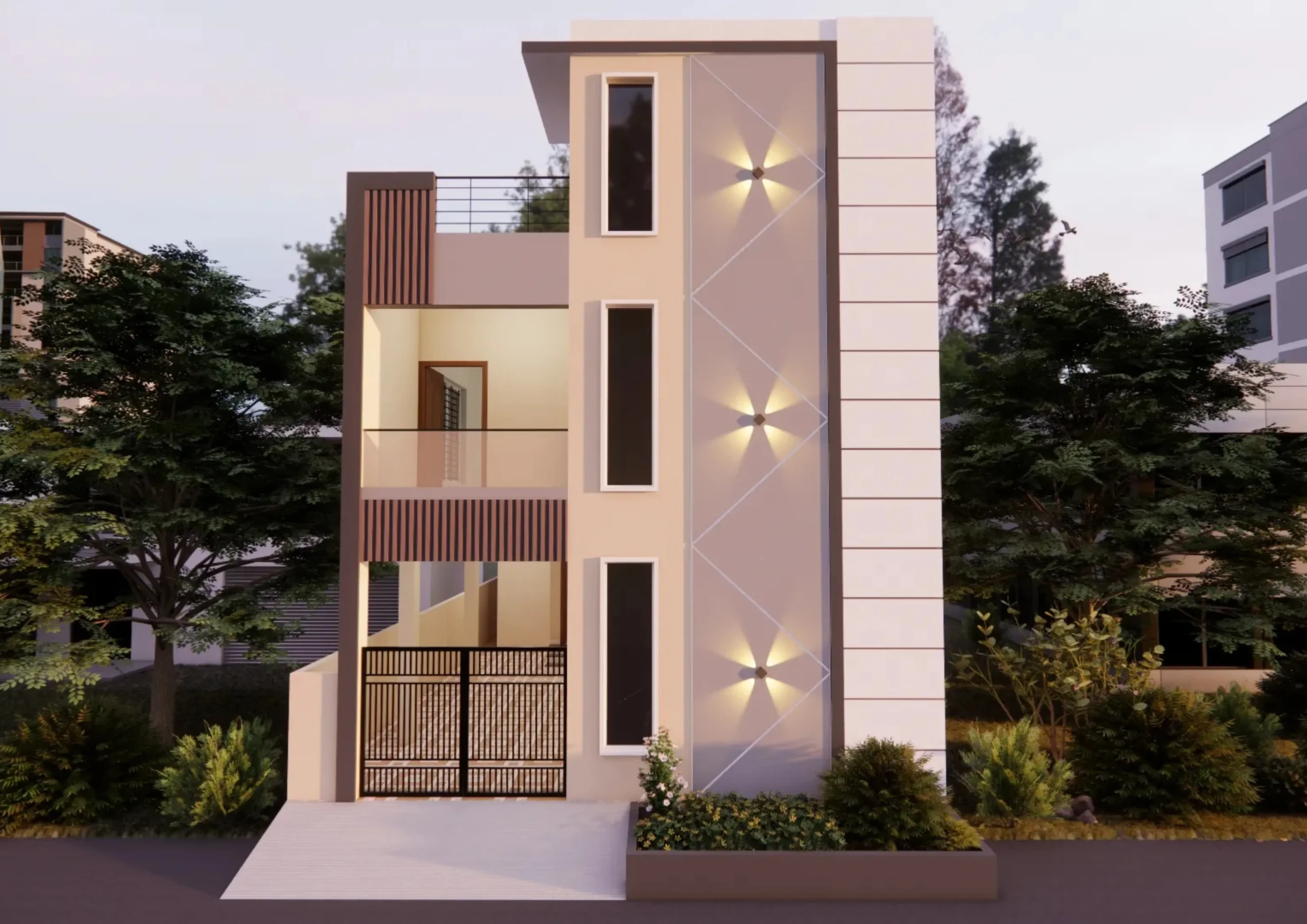 Final front elevation of a modern residential house showcasing contemporary architecture, exterior finishes, balconies, and stylish facade details.