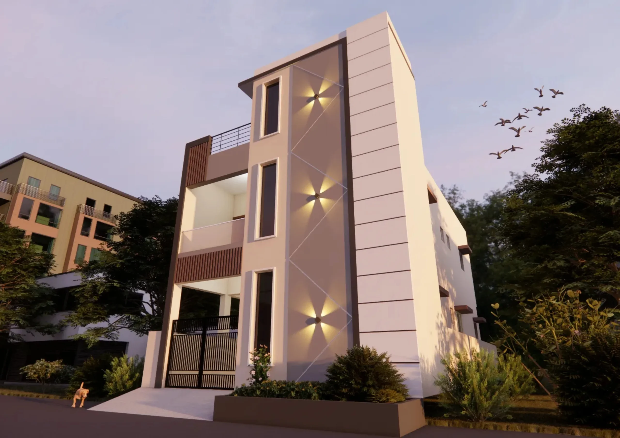 3D front elevation view of a modern residential home featuring elegant architectural design, exterior textures, windows, and balcony elements.