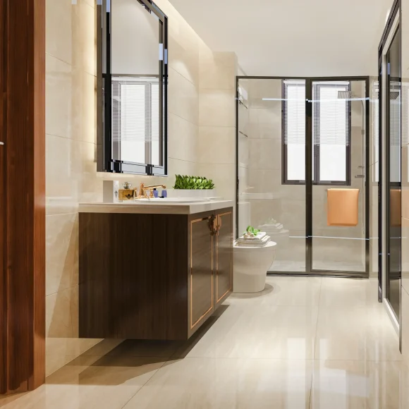 Stylish modern bathroom renovation with premium tiles and fittings